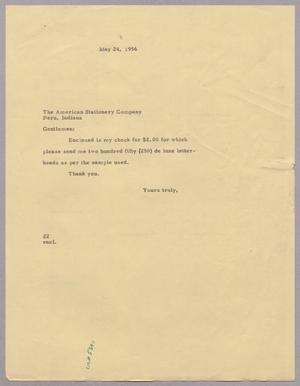 Primary view of object titled '[Letter from Daniel W. Kempner to the American Stationery Company, May 24, 1956]'.