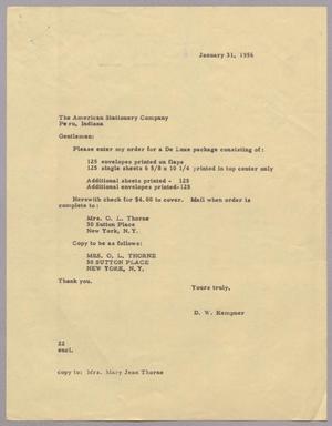 Primary view of object titled '[Letter from Daniel W. Kempner to the American Stationery Company, January 31, 1956]'.