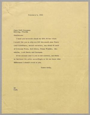 Primary view of object titled '[Letter from Daniel W. Kempner to Cape Bulb Company, February 9, 1956]'.