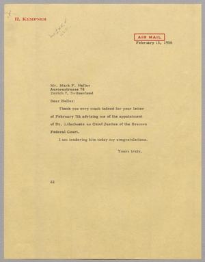 Primary view of object titled '[Letter from Daniel W. Kempner to Mark F. Heller, February 13, 1956]'.