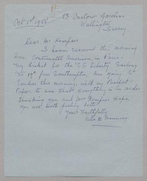 Primary view of object titled '[Letter from Nellie M. Mannings to Daniel W. Kempner, October 1, 1955]'.