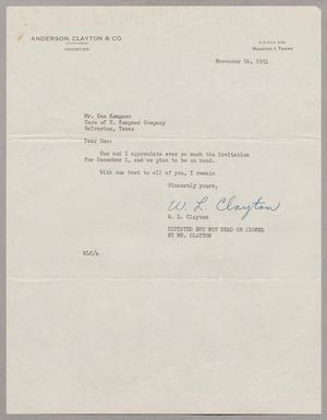 Primary view of object titled '[Letter from W. L. Clayton to D. W. Kempner, November 16, 1951]'.