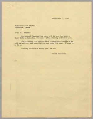 Primary view of object titled '[Letter from Daniel W. Kempner to Tom Pickett, November 14, 1952]'.