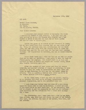Primary view of object titled '[Letter from Daniel W. Kempner to Elise le Lierre, September 12, 1949]'.