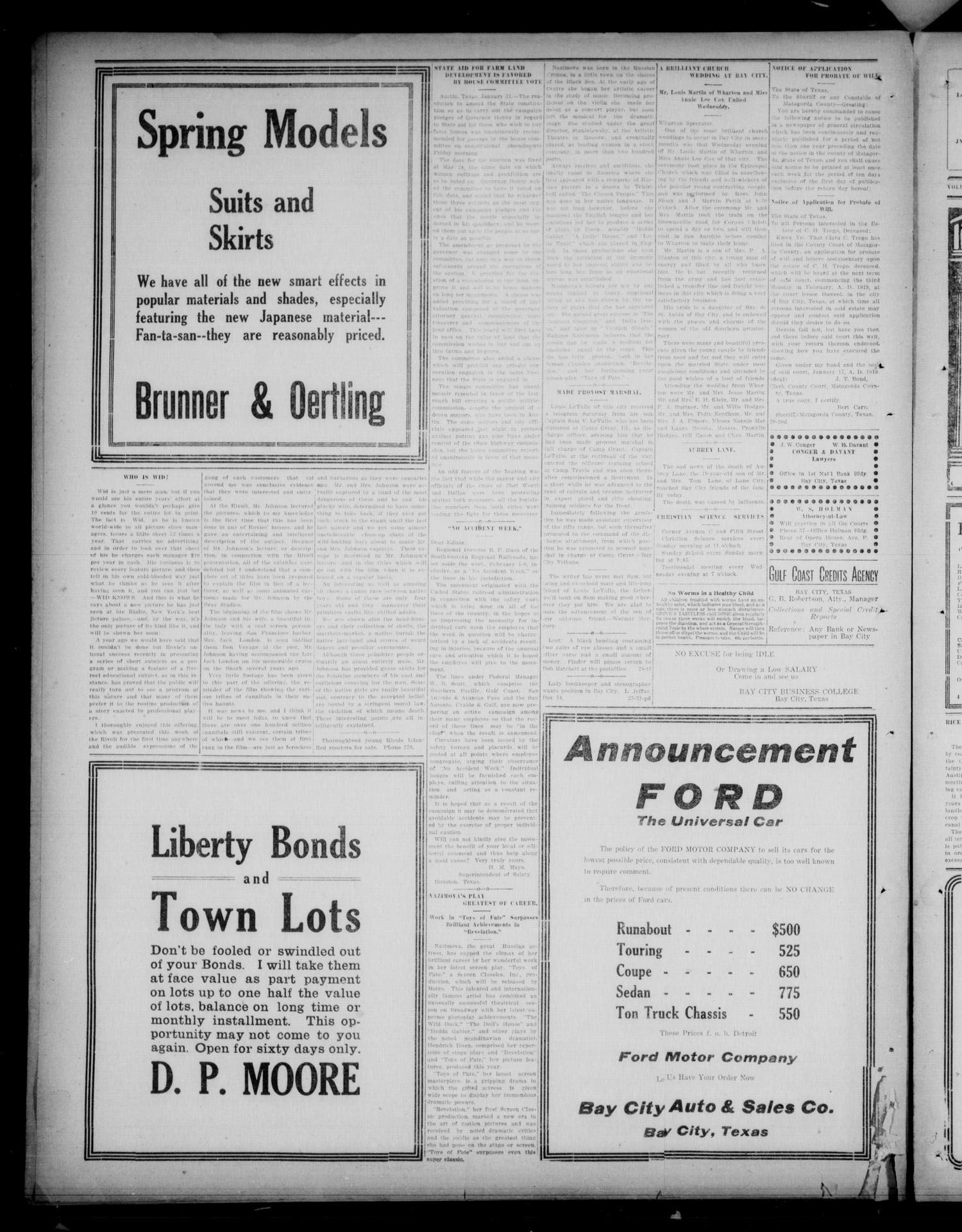 The Daily Tribune (Bay City, Tex.), Vol. 14, No. 64, Ed. 1 Saturday, February 1, 1919
                                                
                                                    [Sequence #]: 4 of 4
                                                