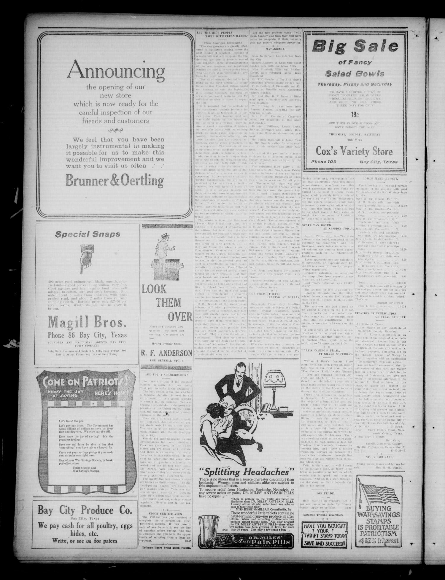 The Daily Tribune (Bay City, Tex.), Vol. 14, No. 207, Ed. 1 Friday, July 25, 1919
                                                
                                                    [Sequence #]: 4 of 4
                                                