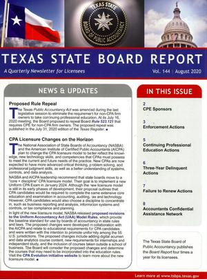Primary view of object titled 'Texas State Board Report, Volume 144, August 2020'.