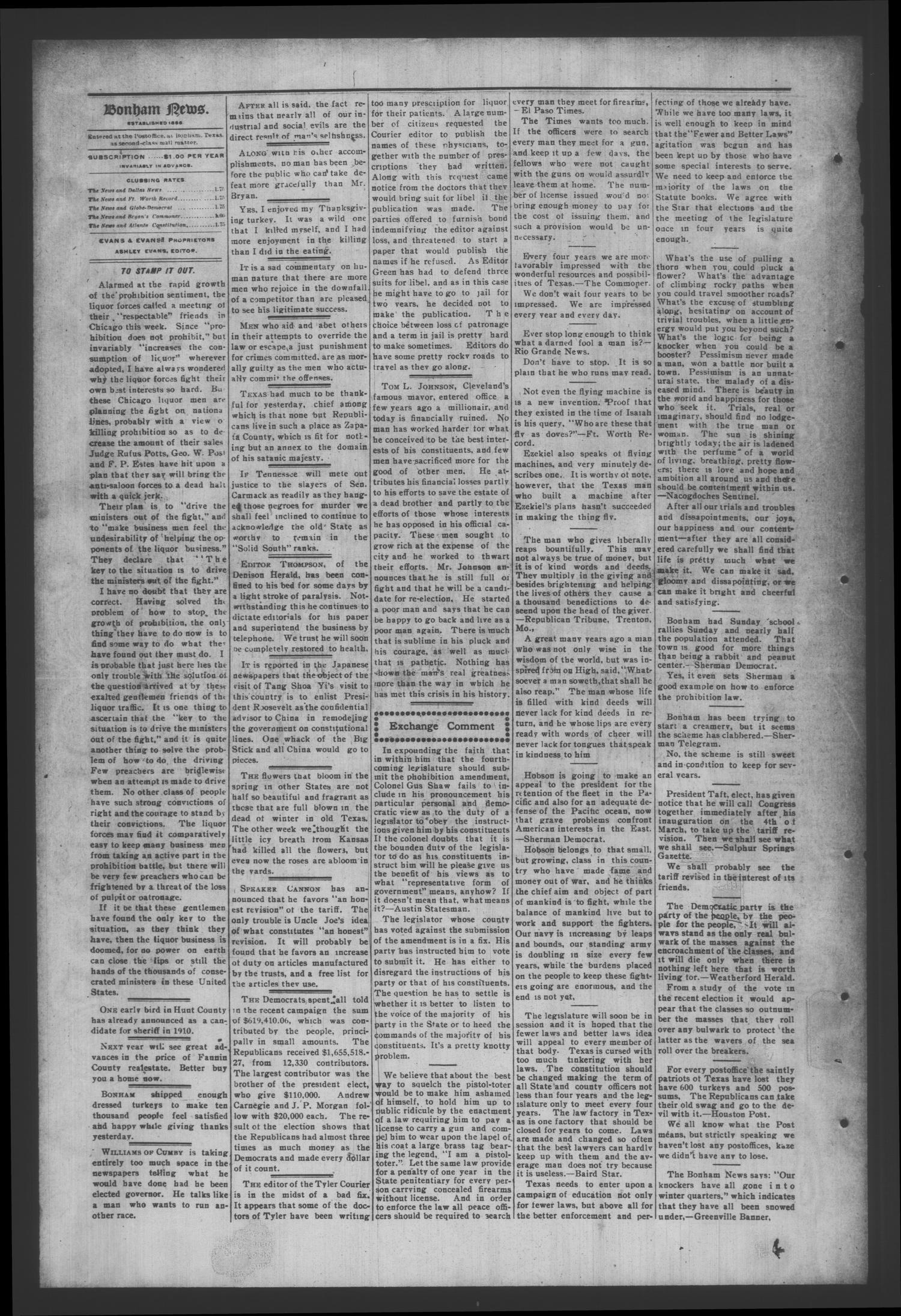 The Bonham News. (Bonham, Tex.), Vol. 43, No. 62, Ed. 1 Friday, November 27, 1908
                                                
                                                    [Sequence #]: 4 of 8
                                                