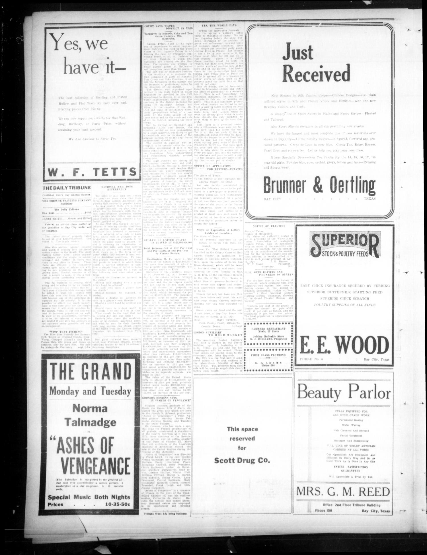 The Daily Tribune (Bay City, Tex.), Vol. 19, No. 45, Ed. 1 Tuesday, April 1, 1924
                                                
                                                    [Sequence #]: 2 of 4
                                                