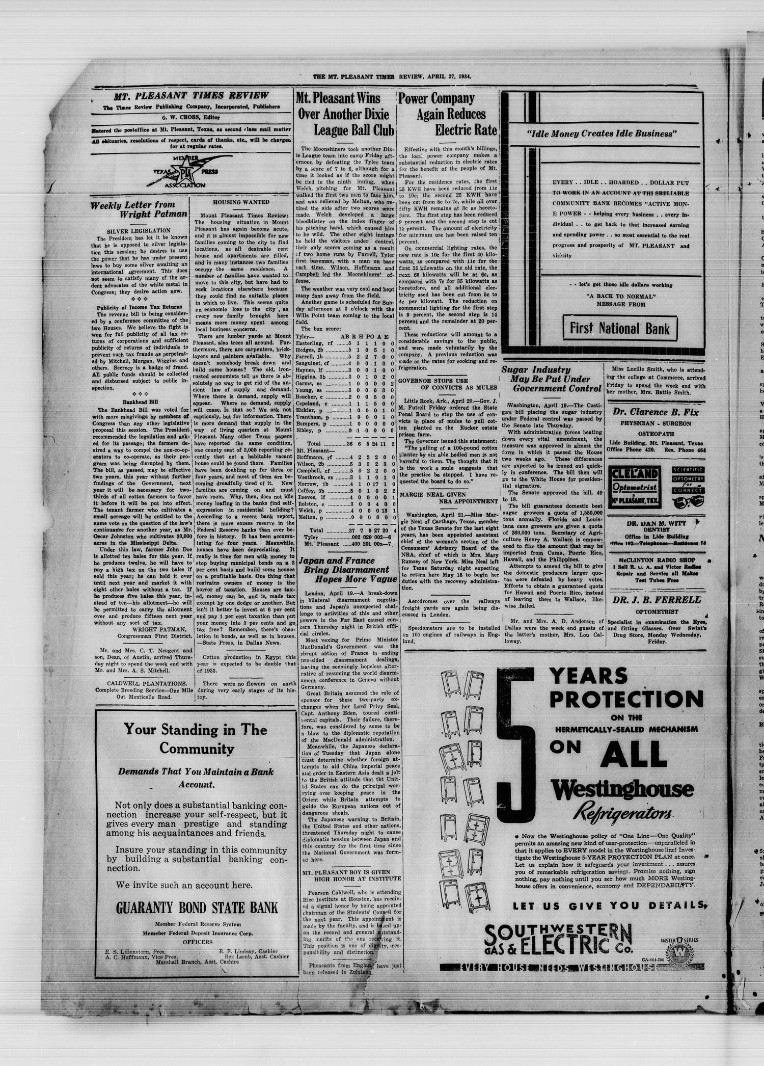 Mt. Pleasant Times Review (Mount Pleasant, Tex.), Vol. 61, No. 46, Ed. 1 Friday, April 27, 1934
                                                
                                                    [Sequence #]: 2 of 8
                                                