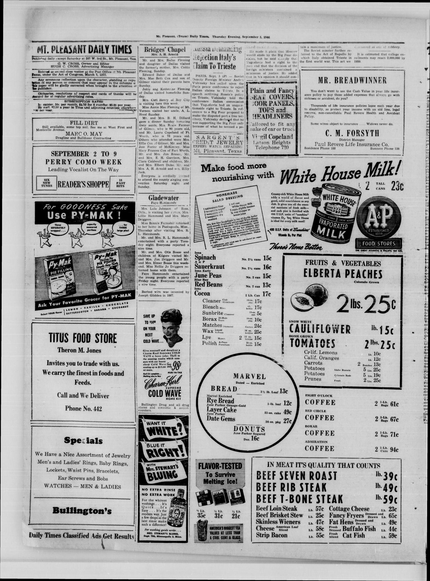 Mt. Pleasant Daily Times (Mount Pleasant, Tex.), Vol. 28, No. 144, Ed. 1 Thursday, September 5, 1946
                                                
                                                    [Sequence #]: 2 of 6
                                                