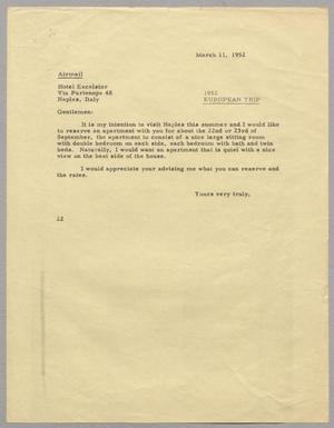 Primary view of object titled '[Letter from Daniel W. Kempner to Hotel Excelsior, March 11, 1952]'.