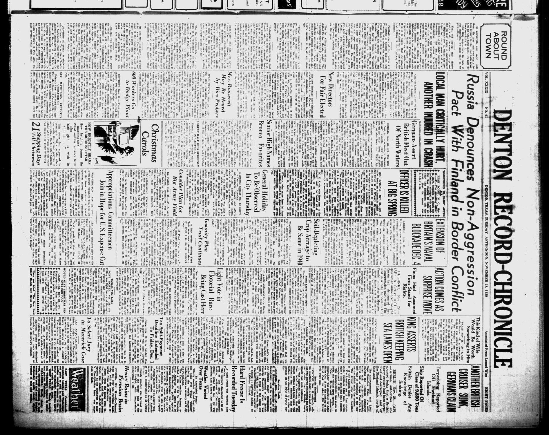 Denton Record-Chronicle (Denton, Tex.), Vol. 39, No. 91, Ed. 1 Tuesday, November 28, 1939
                                                
                                                    [Sequence #]: 1 of 8
                                                