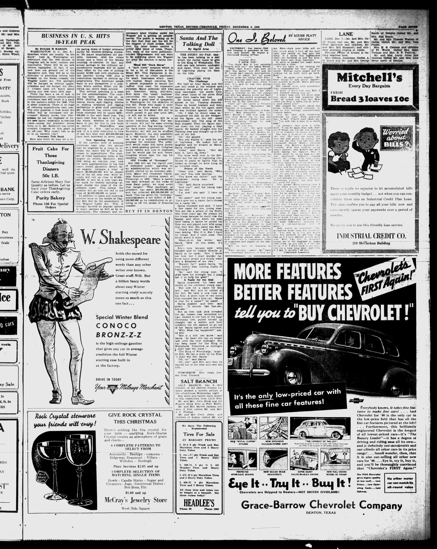 Denton Record-Chronicle (Denton, Tex.), Vol. 39, No. 100, Ed. 1 Friday, December 8, 1939
                                                
                                                    [Sequence #]: 7 of 12
                                                