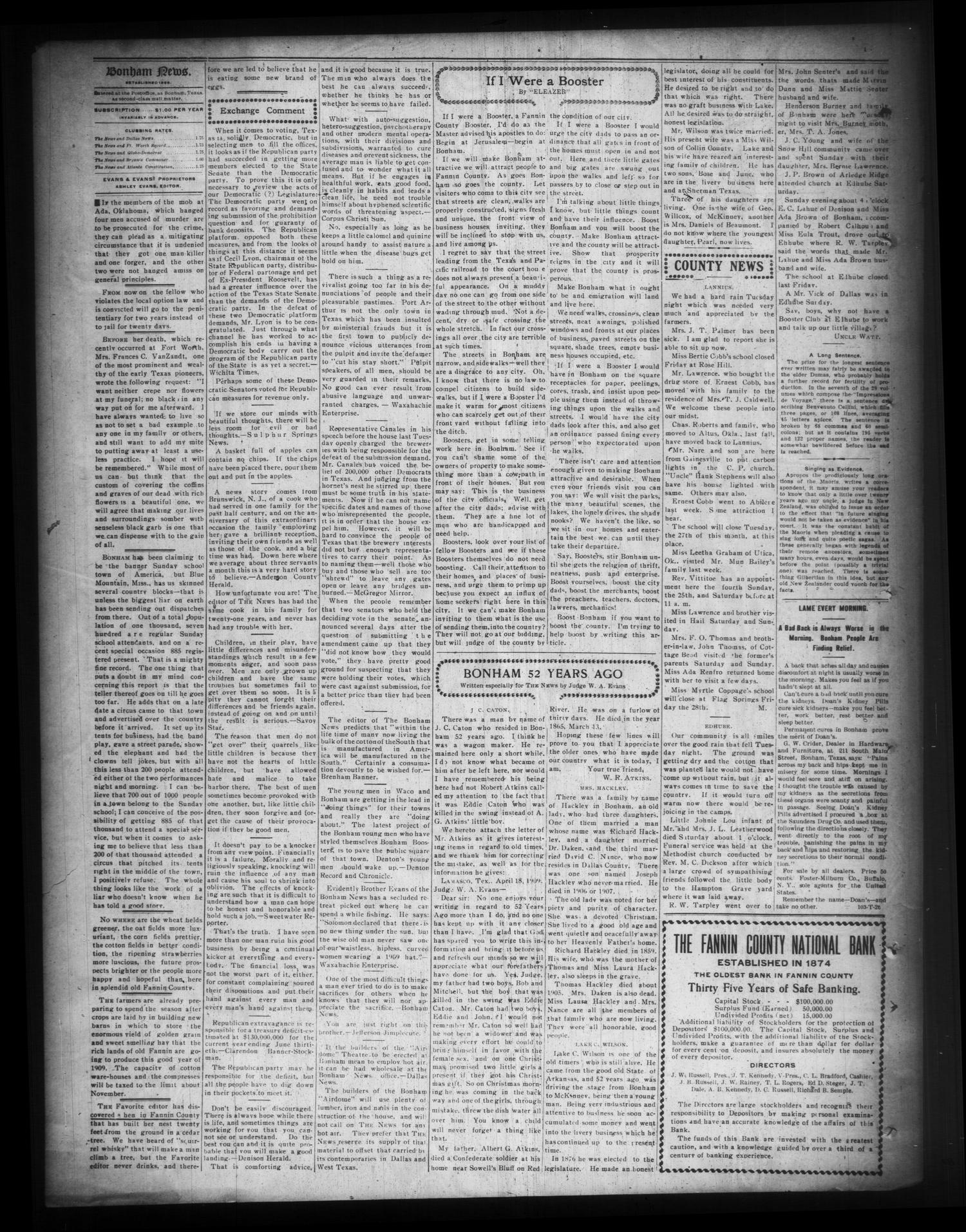 The Bonham News. (Bonham, Tex.), Vol. 43, No. 104, Ed. 1 Friday, April 23, 1909
                                                
                                                    [Sequence #]: 2 of 4
                                                