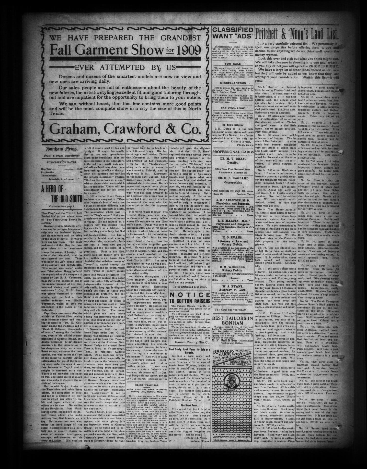 The Bonham News. (Bonham, Tex.), Vol. 44, No. 40, Ed. 1 Friday, September 10, 1909
                                                
                                                    [Sequence #]: 4 of 4
                                                