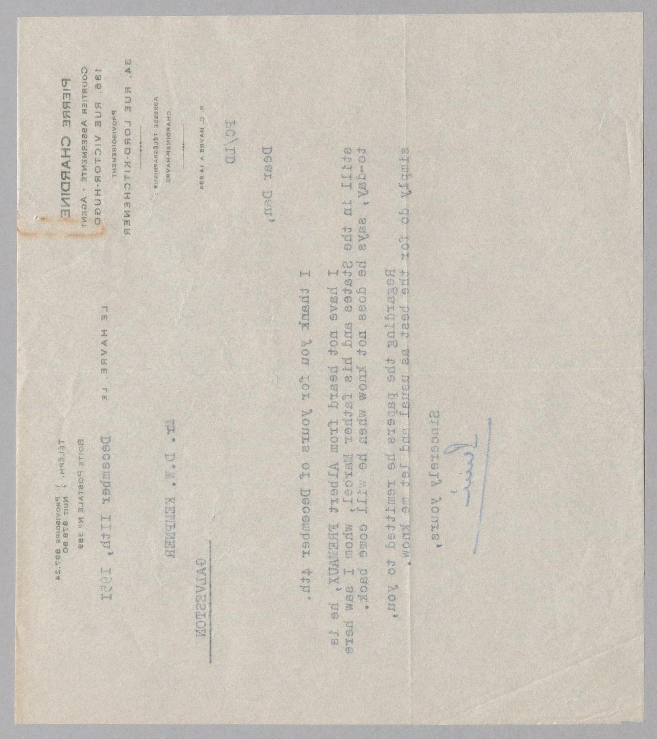 [Letter from Pierre Chardine to Daniel W. Kempner, December 11, 1951]
                                                
                                                    [Sequence #]: 2 of 2
                                                