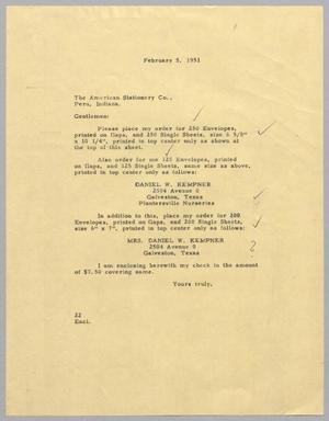 Primary view of object titled '[Letter from Daniel W. Kempner to the American Stationery Company, February 5, 1951]'.