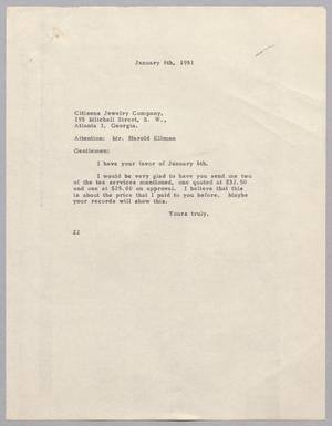 Primary view of object titled '[Letter from Daniel W. Kempner to Citizens Jewelry Company, January 8, 1951]'.