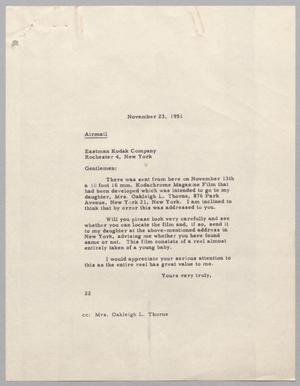 Primary view of object titled '[Letter from Daniel W. Kempner to Eastman Kodak Company, November 23, 1951]'.