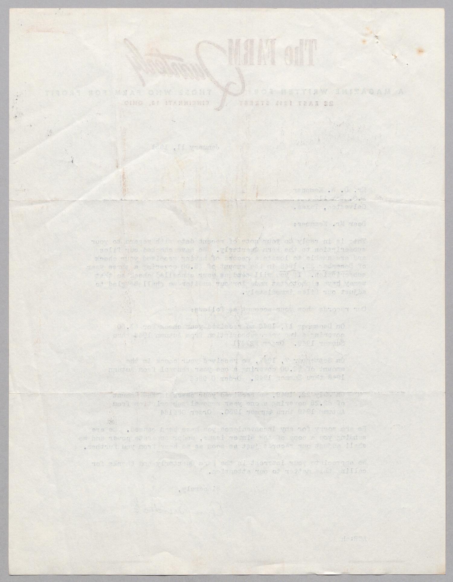 [Letter from Farm Quarterly to Daniel W. Kempner, January 11, 1951]
                                                
                                                    [Sequence #]: 2 of 2
                                                