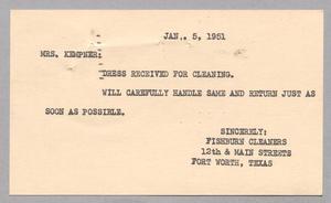 Primary view of object titled '[Letter from Fishburn Cleaners to Jeane Kempner, January 5, 1951]'.
