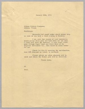Primary view of object titled '[Letter from Daniel W. Kempner to Athens Tile & Pottery Company, January 20, 1951]'.