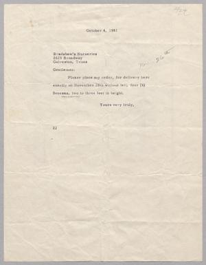 Primary view of object titled '[Letter from Daniel W. Kempner to Bradshaw's Nurseries, October 4, 1951]'.