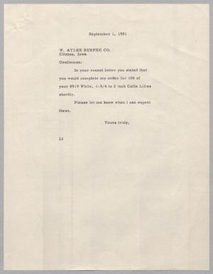 Primary view of object titled '[Letter from Daniel W. Kempner to W. Atlee Burpee Company, September 1, 1951]'.