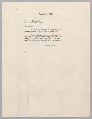 Primary view of object titled '[Letter from Daniel W. Kempner to Forrest Nurseries, August 31, 1951]'.