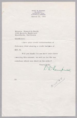Primary view of object titled '[Letter from Daniel W. Kempner to Howard & Smith, March 12, 1951]'.