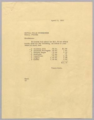 Primary view of object titled '[Letter from Daniel W. Kempner to Royal Palm Nurseries, April 11, 1951]'.