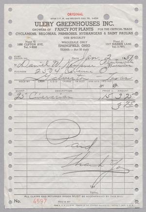 Primary view of object titled '[Invoice for Balance Due to Ulery Greenhouses Inc., January 1951]'.