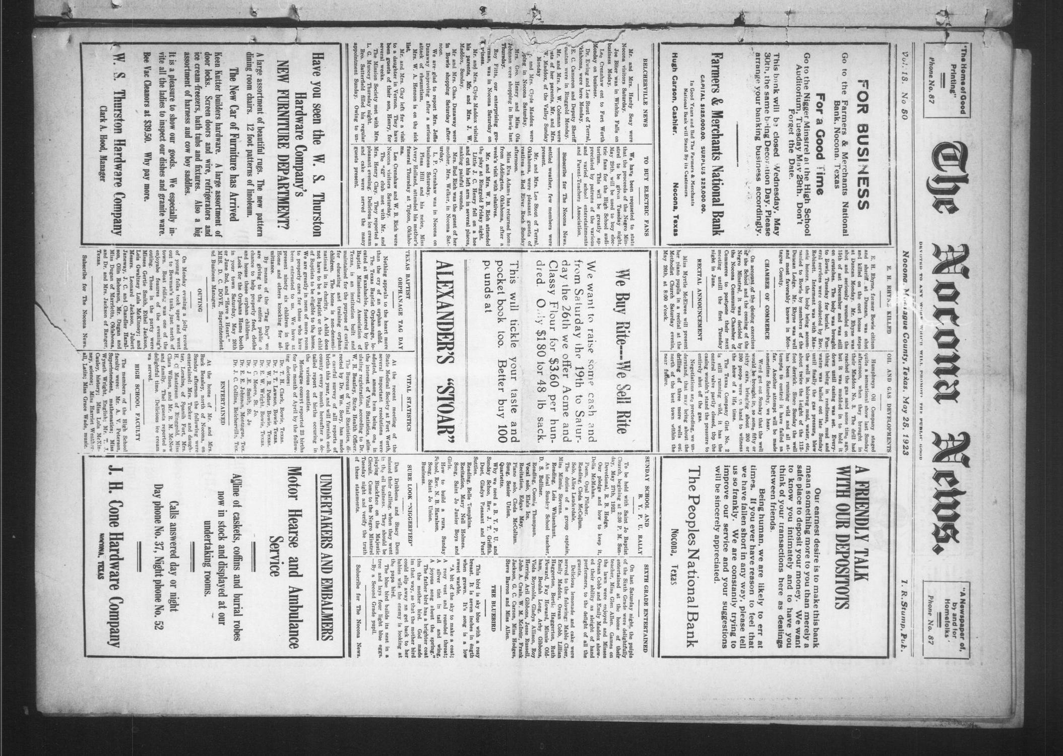 The Nocona News. (Nocona, Tex.), Vol. 18, No. 50, Ed. 1 Friday, May 25, 1923
                                                
                                                    [Sequence #]: 1 of 8
                                                