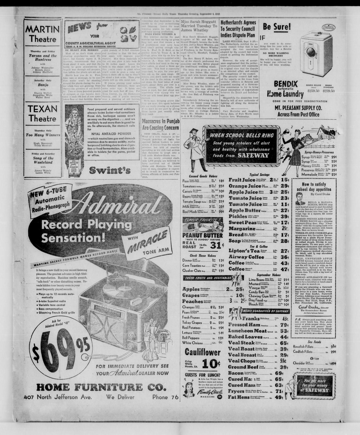 Mt. Pleasant Daily Times (Mount Pleasant, Tex.), Vol. 29, No. 123, Ed. 1 Thursday, September 4, 1947
                                                
                                                    [Sequence #]: 4 of 4
                                                