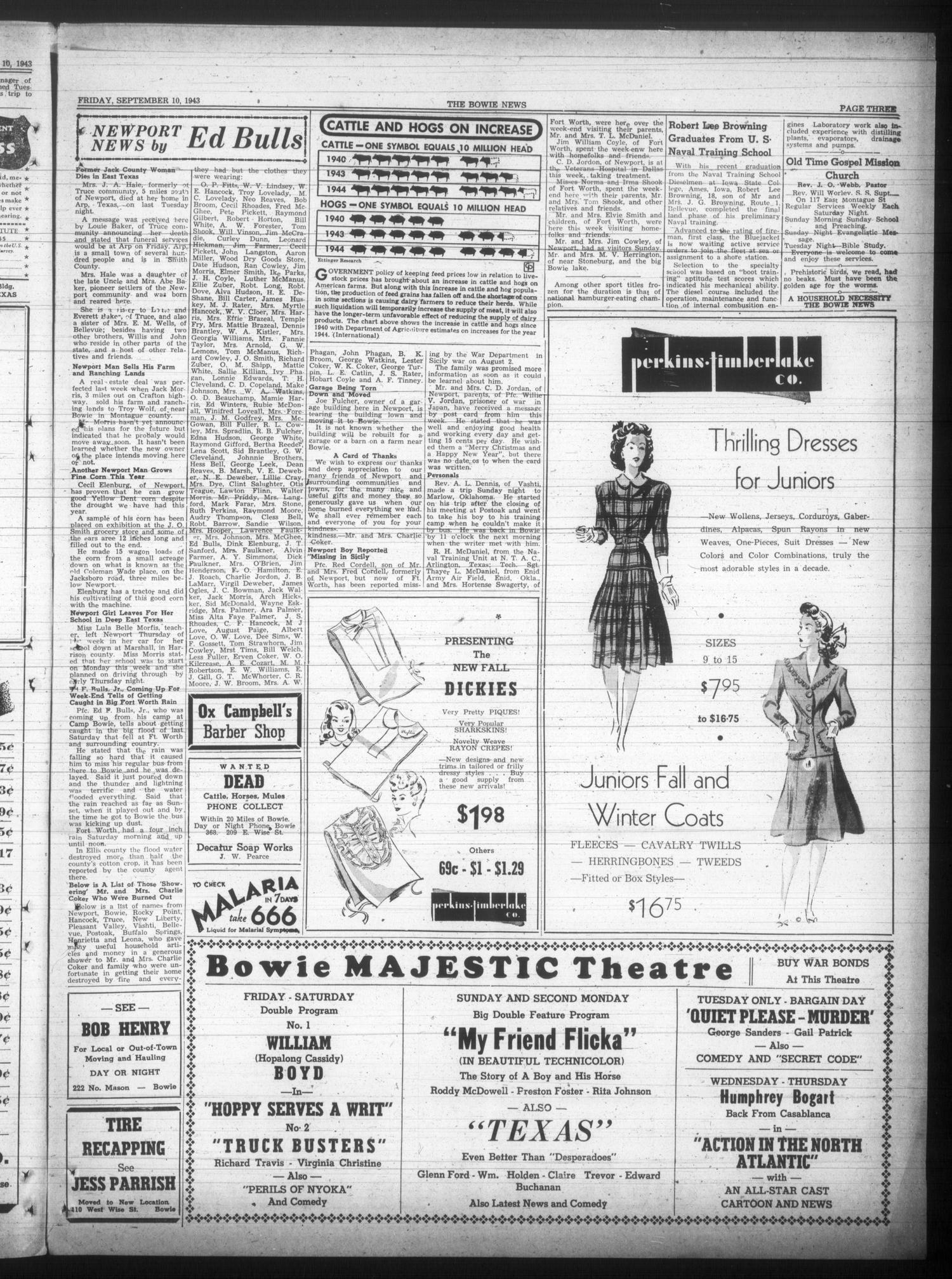The Bowie News (Bowie, Tex.), Vol. 22, No. 27, Ed. 1 Friday, September 10, 1943
                                                
                                                    [Sequence #]: 3 of 6
                                                