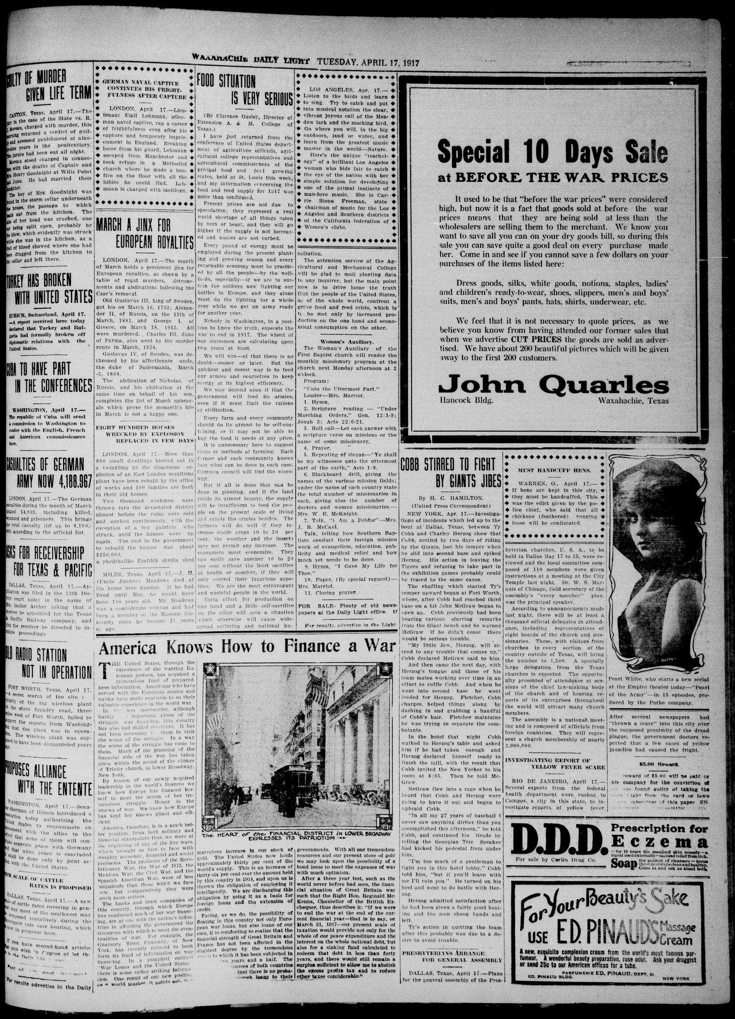 Waxahachie Daily Light (Waxahachie, Tex.), Vol. 25, No. 20, Ed. 1 Tuesday, April 17, 1917
                                                
                                                    [Sequence #]: 3 of 6
                                                