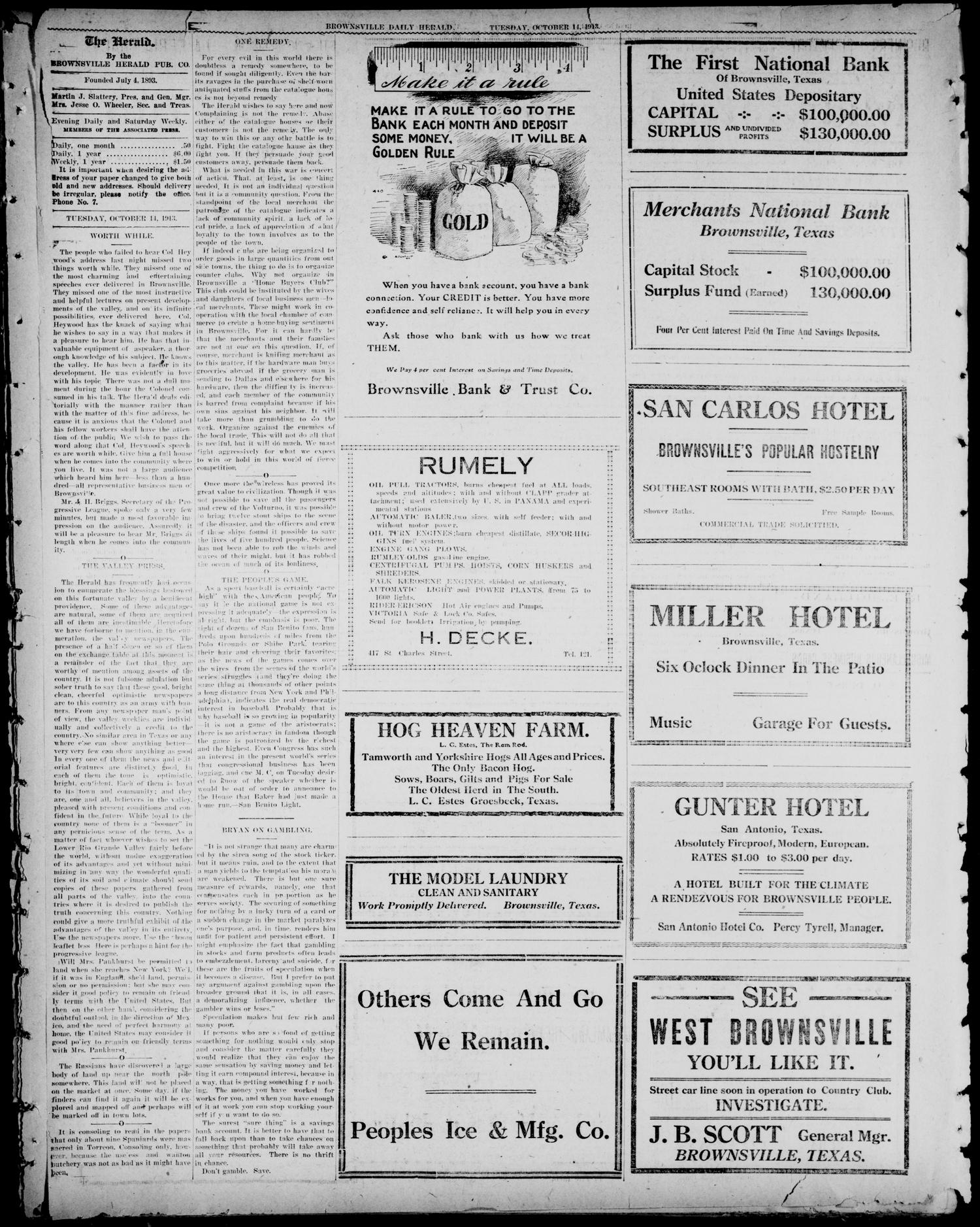Brownsville Herald (Brownsville, Tex.), Vol. 21, No. 86, Ed. 1 Tuesday, October 14, 1913
                                                
                                                    [Sequence #]: 2 of 4
                                                
