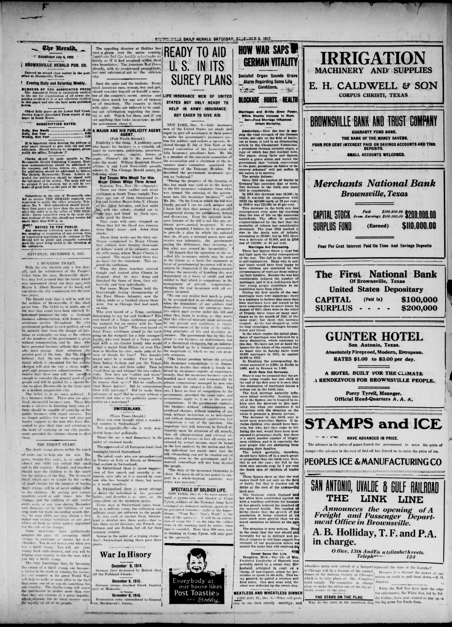 Brownsville Herald (Brownsville, Tex.), Vol. 24, No. 131, Ed. 1 Saturday, December 8, 1917
                                                
                                                    [Sequence #]: 2 of 6
                                                