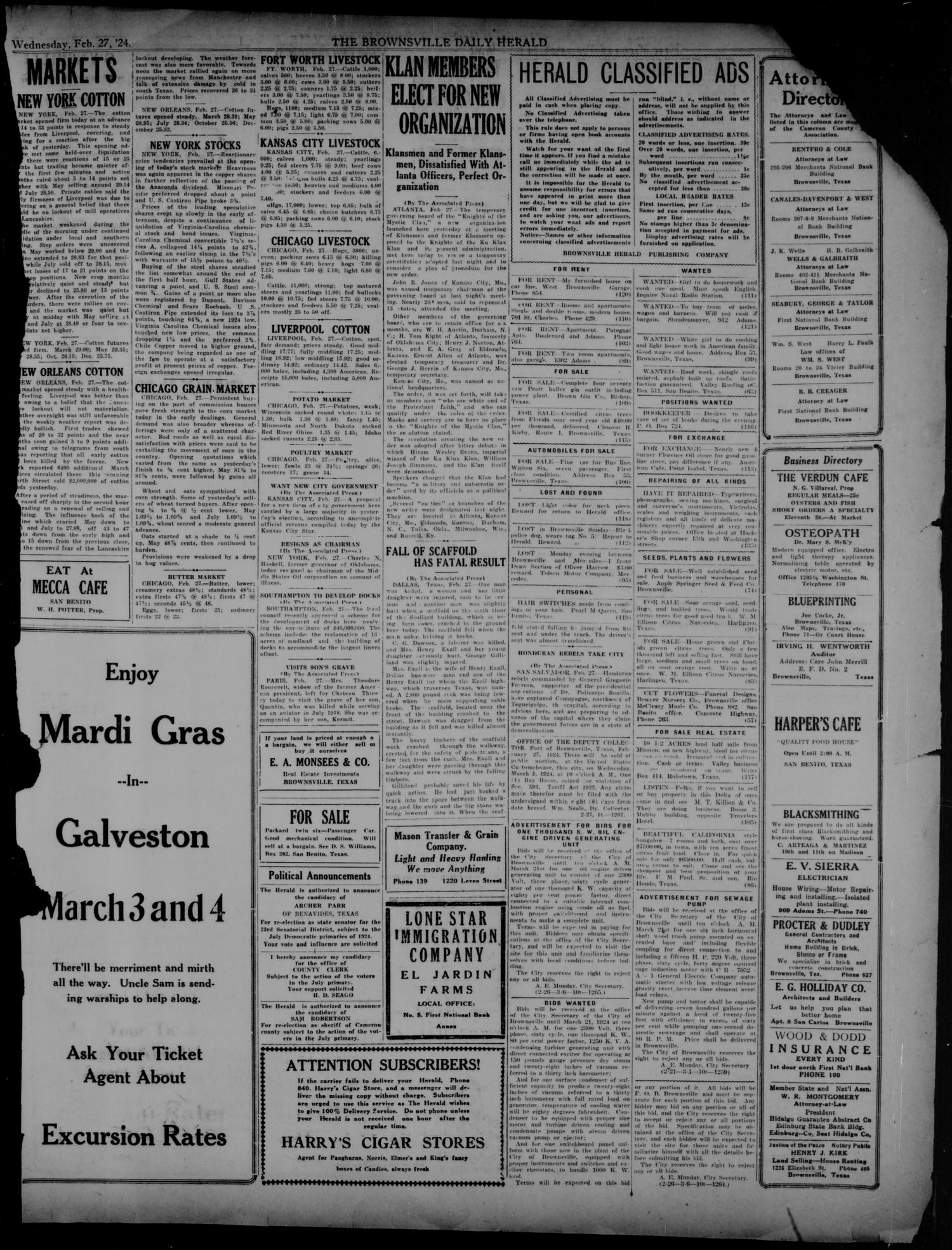 The Brownsville Herald (Brownsville, Tex.), Vol. 30, No. 238, Ed. 1 Wednesday, February 27, 1924
                                                
                                                    [Sequence #]: 7 of 8
                                                