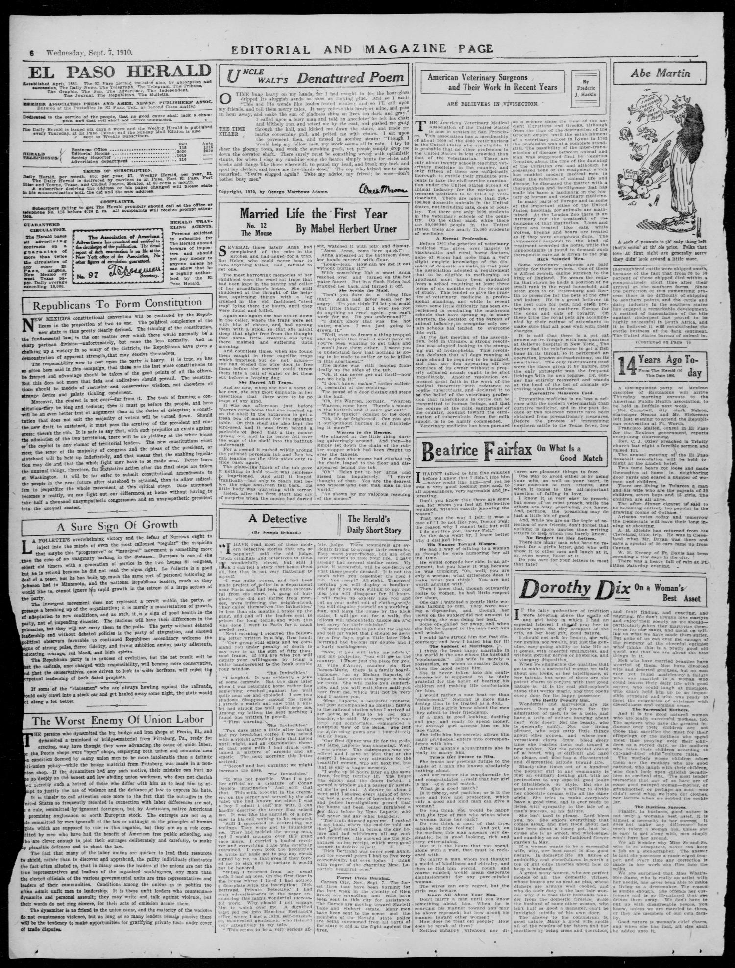 El Paso Herald (El Paso, Tex.), Ed. 1, Wednesday, September 7, 1910
                                                
                                                    [Sequence #]: 6 of 16
                                                