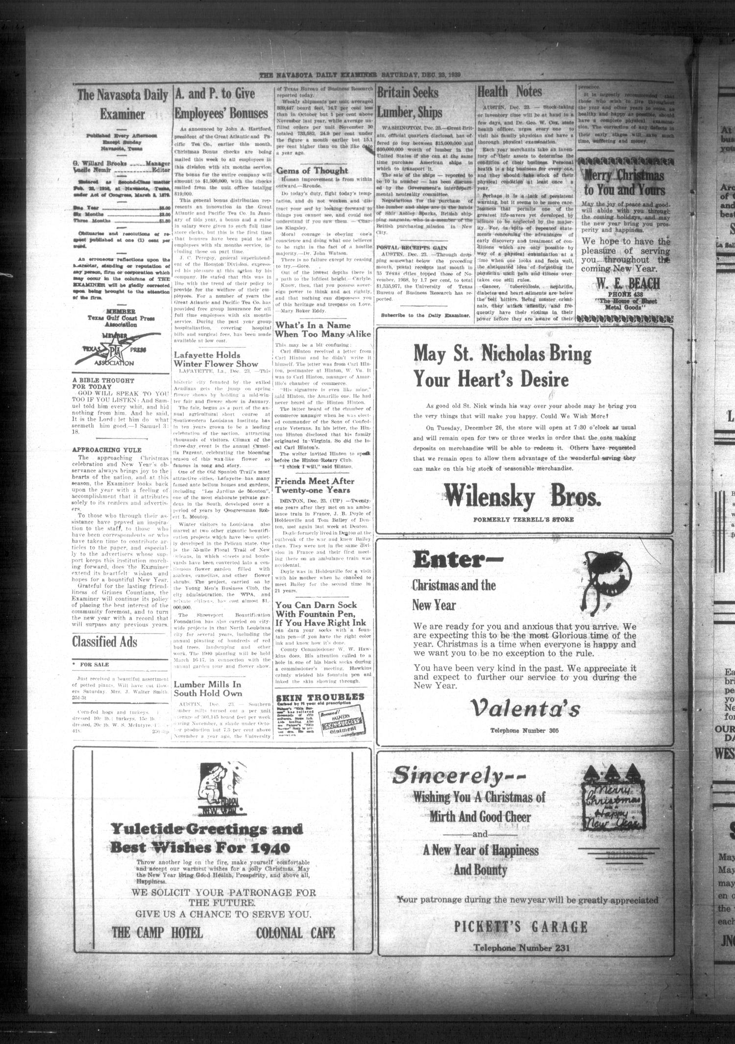 Navasota Daily Examiner (Navasota, Tex.), Vol. 45, No. 253, Ed. 1 Saturday, December 23, 1939
                                                
                                                    [Sequence #]: 2 of 6
                                                
