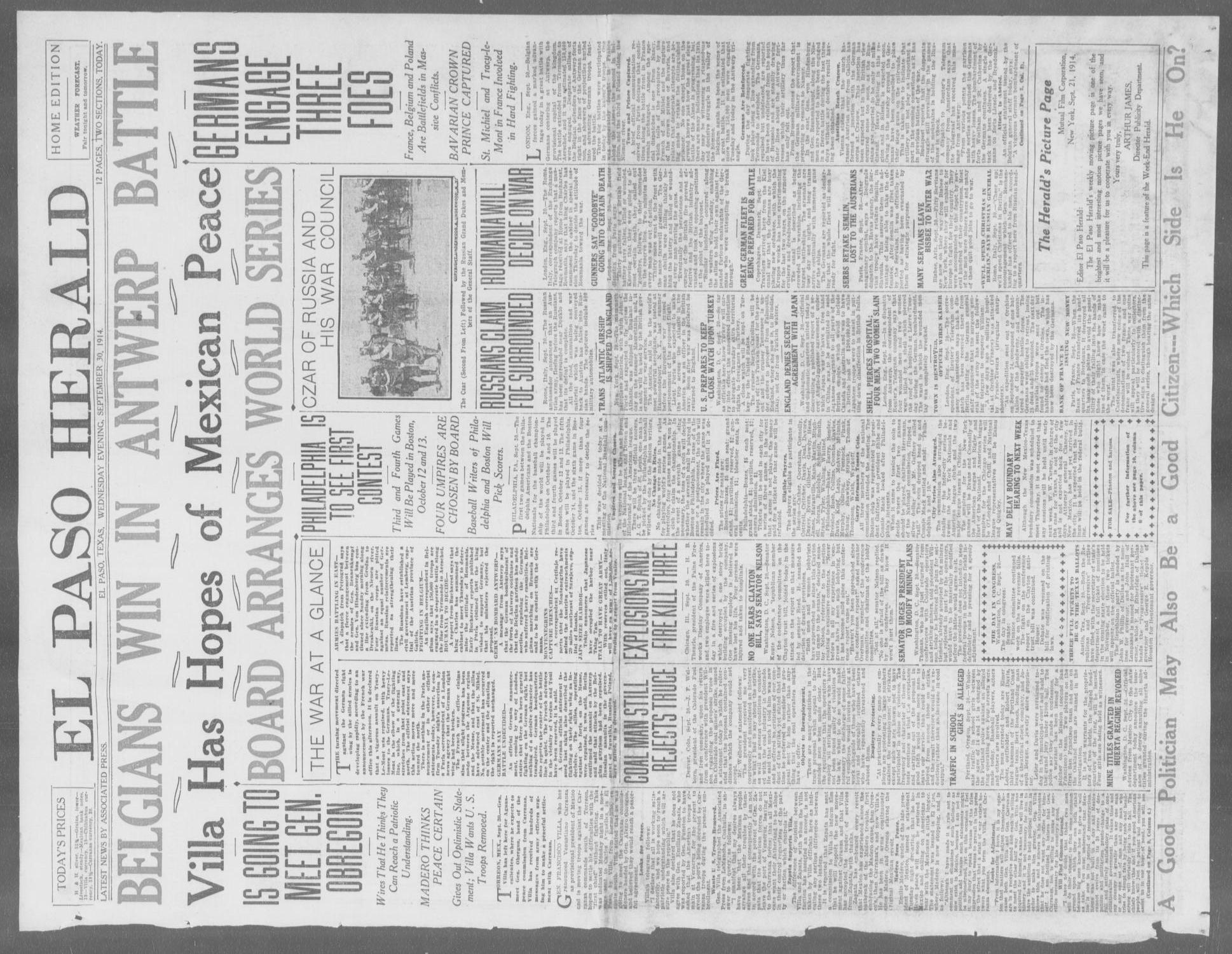 El Paso Herald (El Paso, Tex.), Ed. 1, Wednesday, September 30, 1914
                                                
                                                    [Sequence #]: 1 of 12
                                                