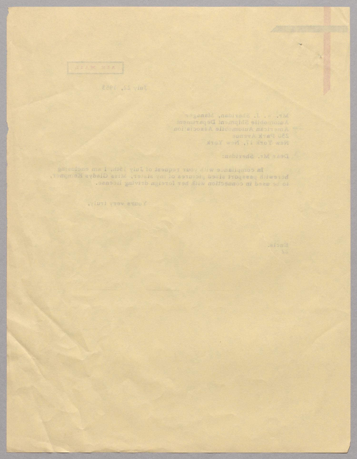 [Letter from D. W. Kempner to W. J. Sheridan, July 22, 1953]
                                                
                                                    [Sequence #]: 2 of 2
                                                