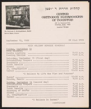 Primary view of object titled 'United Orthodox Synagogues of Houston Newsletter, [Week Starting] September 12, 1969'.