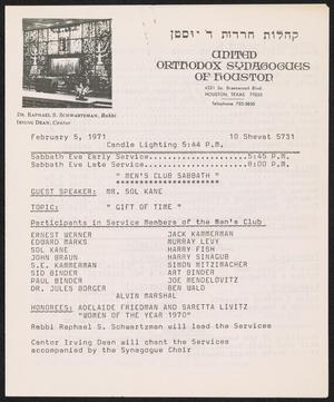 Primary view of object titled 'United Orthodox Synagogues of Houston Newsletter, [Week Starting] February 5, 1971'.