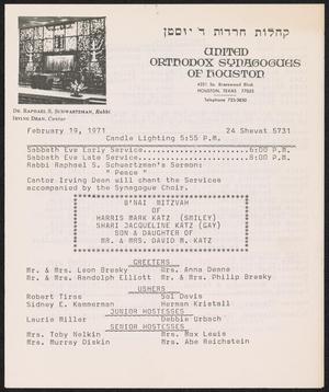 Primary view of object titled 'United Orthodox Synagogues of Houston Newsletter, [Week Starting] February 19, 1971'.