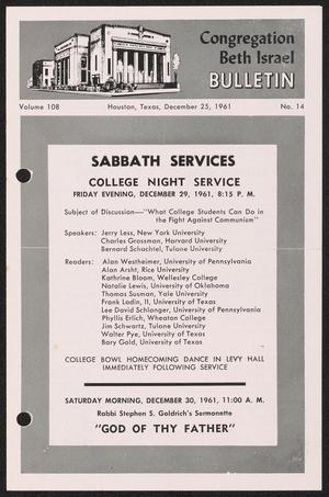 Primary view of object titled 'Congregation Beth Israel Bulletin, Volume 108, Number 14, December 1961'.