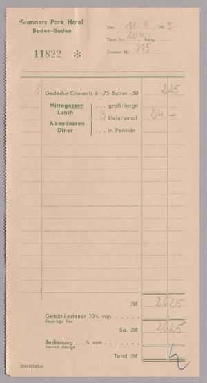 Primary view of object titled '[Invoice for Brenners Park Hotel Charges, September 11, 1955]'.