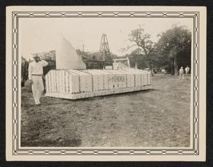 Primary view of object titled '[People Walking in Field Near a Parade Float]'.